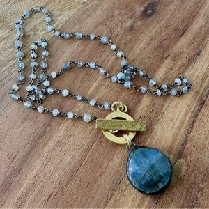 Vintage Gray Labradorite Pendant Necklace with Gold Toggle, Gemstone Chain
